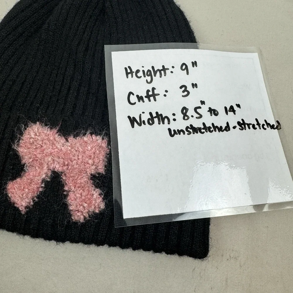 NWT PINK RIBBON‎ Black Knit Stocking HAT Beanie Cap Breast Cancer Awareness OSFM